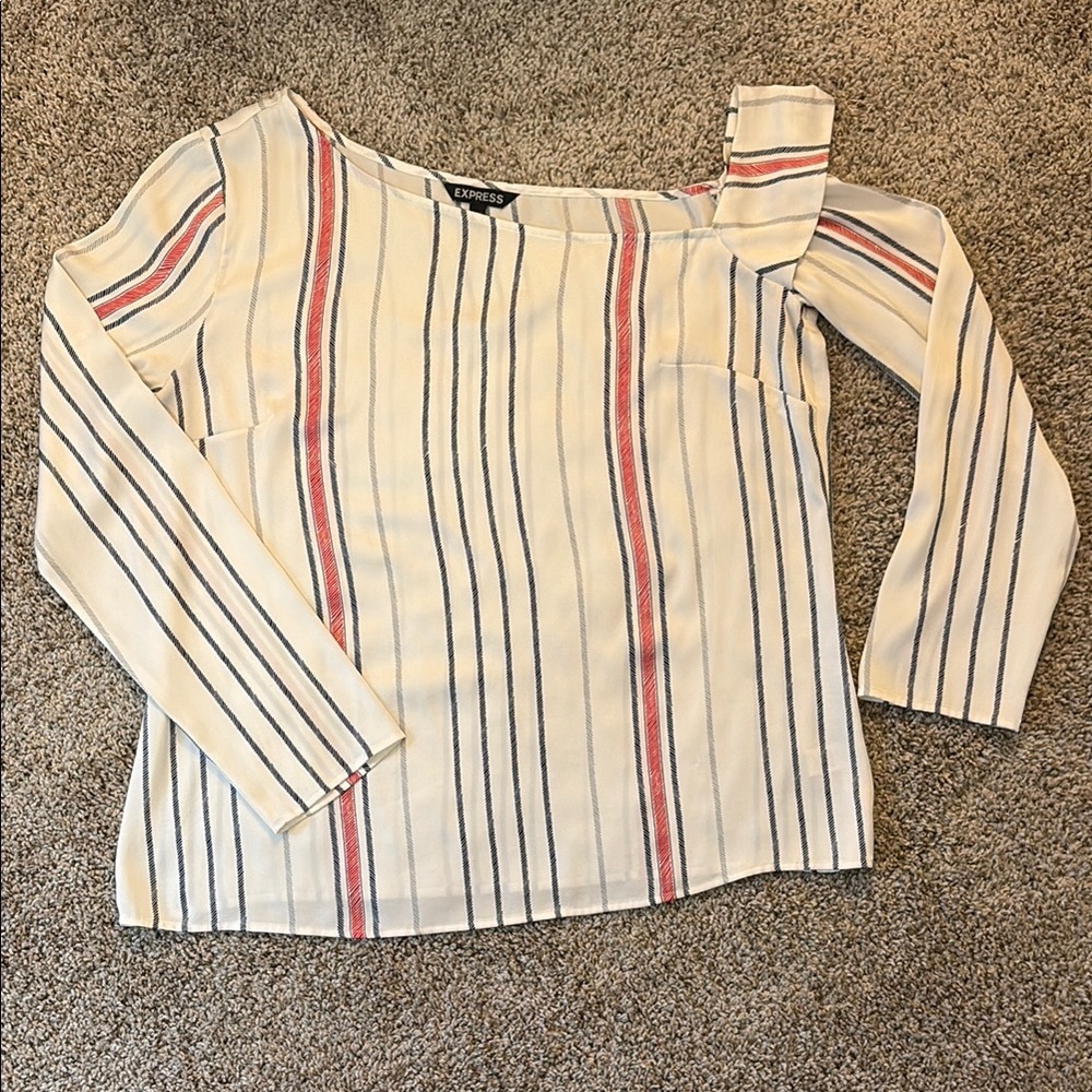 Express - Cream and Red Ruffled Asymmetrical Blouse